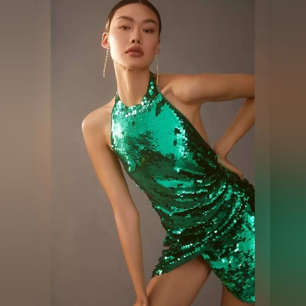 Ronny Kobo Jo Green Sequin Halter Mini Dress Size Xs